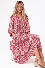 Kamali Midi Dress - Batwing Sleeve Smock Dress with Lace Detailing in Marette Print Red