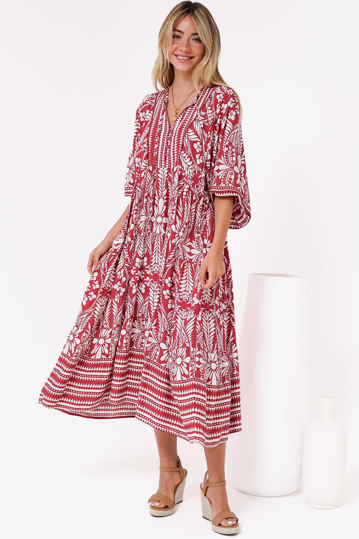 Kamali Midi Dress - Batwing Sleeve Smock Dress with Lace Detailing in Marette Print Red