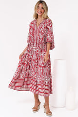 Kamali Midi Dress - Batwing Sleeve Smock Dress with Lace Detailing in Marette Print Red