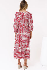 Kamali Midi Dress - Batwing Sleeve Smock Dress with Lace Detailing in Marette Print Red