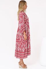 Kamali Midi Dress - Batwing Sleeve Smock Dress with Lace Detailing in Marette Print Red