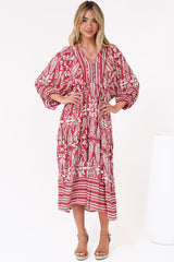Kamali Midi Dress - Batwing Sleeve Smock Dress with Lace Detailing in Marette Print Red
