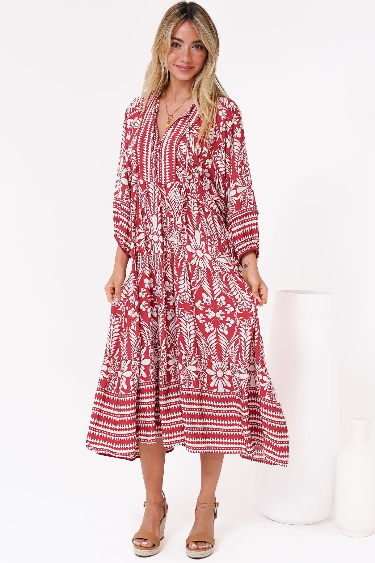Kamali Midi Dress - Batwing Sleeve Smock Dress with Lace Detailing in Marette Print Red