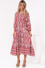 Kamali Midi Dress - Batwing Sleeve Smock Dress with Lace Detailing in Marette Print Red