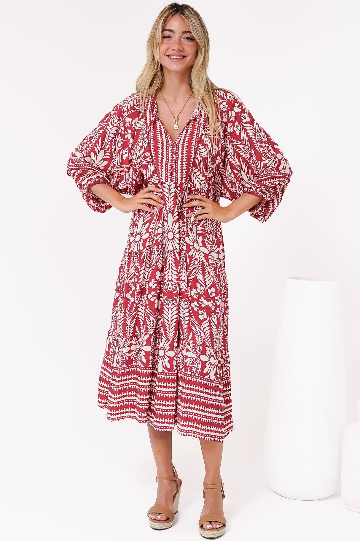 Kamali Midi Dress - Batwing Sleeve Smock Dress with Lace Detailing in Marette Print Red