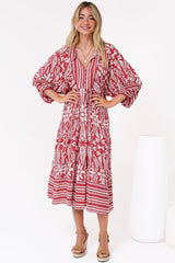 Kamali Midi Dress - Batwing Sleeve Smock Dress with Lace Detailing in Marette Print Red
