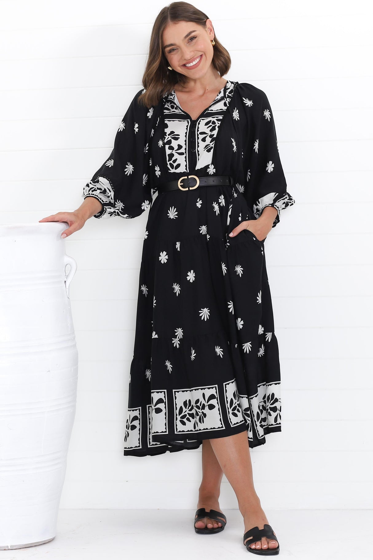 Kamali Midi Dress - Batwing Sleeve Smock Dress with Lace Detailing in Marjo Print Black