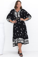 Kamali Midi Dress - Batwing Sleeve Smock Dress with Lace Detailing in Marjo Print Black