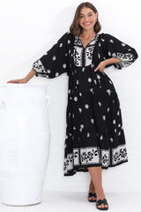 Kamali Midi Dress - Batwing Sleeve Smock Dress with Lace Detailing in Marjo Print Black