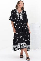 Kamali Midi Dress - Batwing Sleeve Smock Dress with Lace Detailing in Marjo Print Black