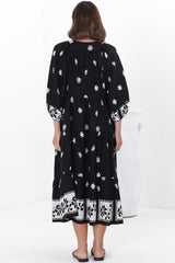 Kamali Midi Dress - Batwing Sleeve Smock Dress with Lace Detailing in Marjo Print Black