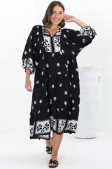 Kamali Midi Dress - Batwing Sleeve Smock Dress with Lace Detailing in Marjo Print Black