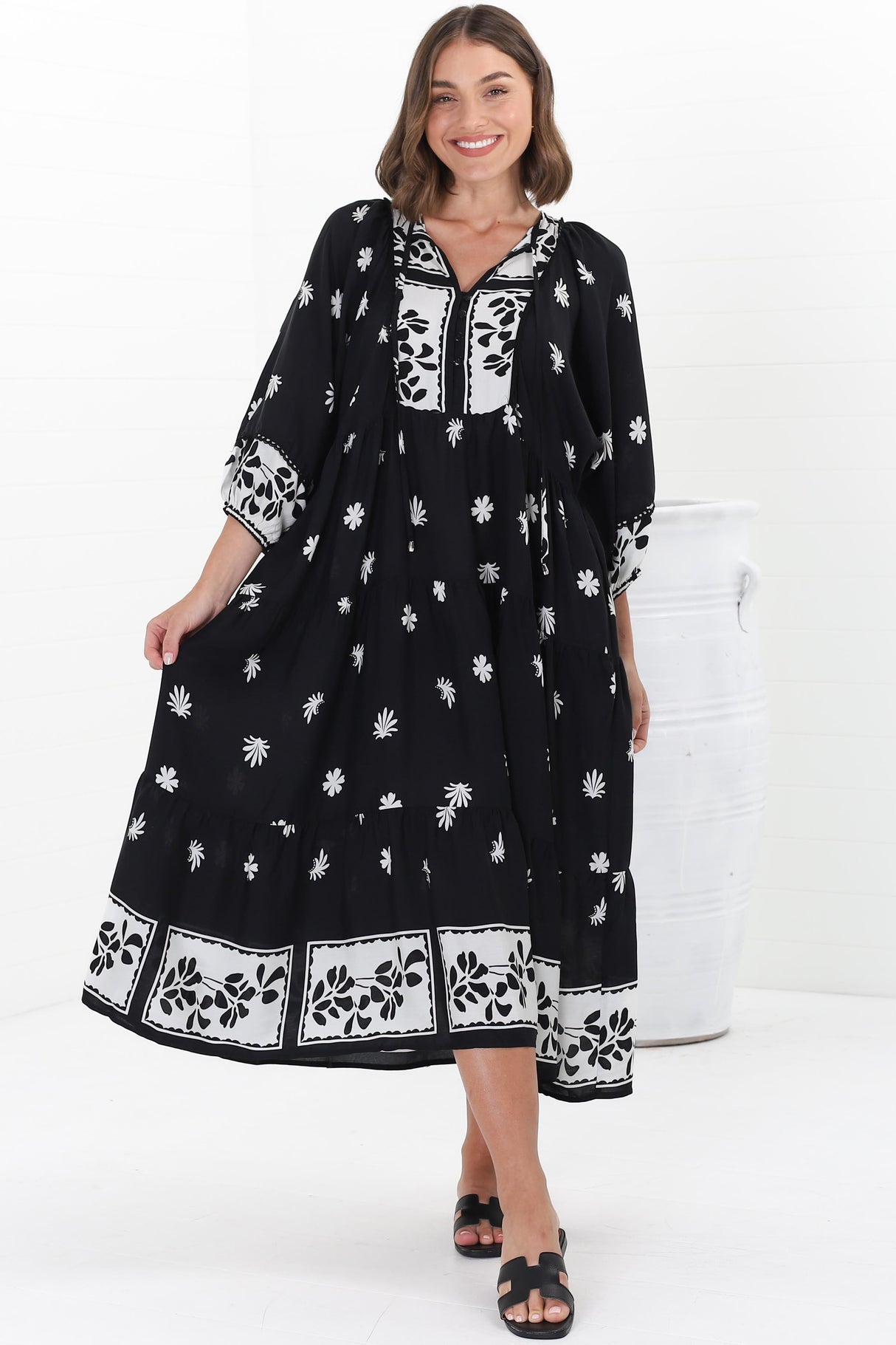 Kamali Midi Dress - Batwing Sleeve Smock Dress with Lace Detailing in Marjo Print Black