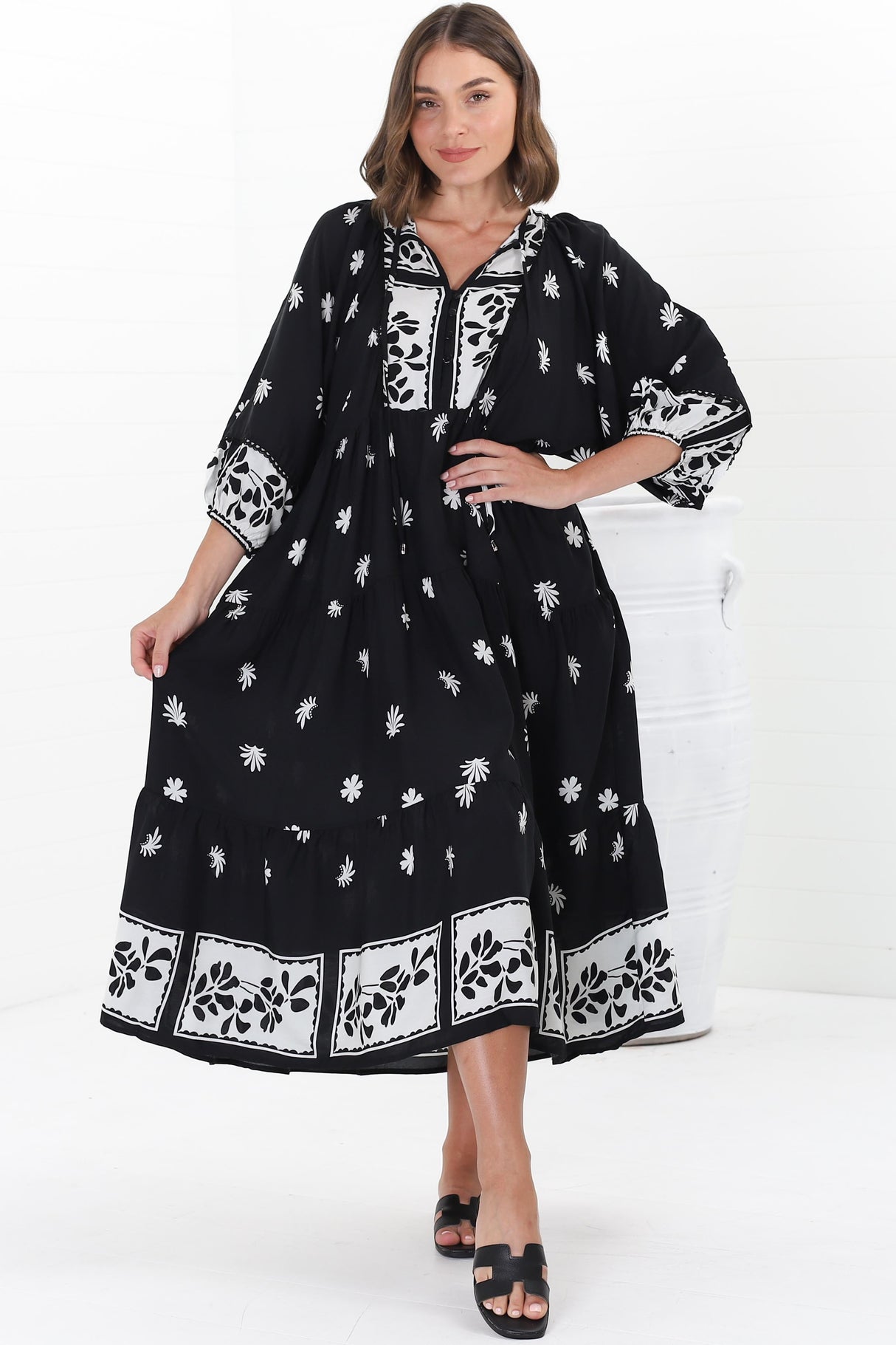 Kamali Midi Dress - Batwing Sleeve Smock Dress with Lace Detailing in Marjo Print Black