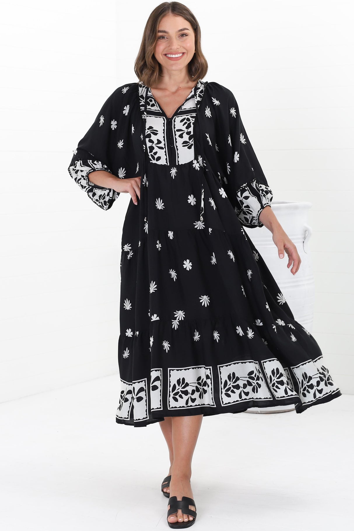 Kamali Midi Dress - Batwing Sleeve Smock Dress with Lace Detailing in Marjo Print Black