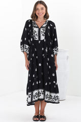 Kamali Midi Dress - Batwing Sleeve Smock Dress with Lace Detailing in Marjo Print Black