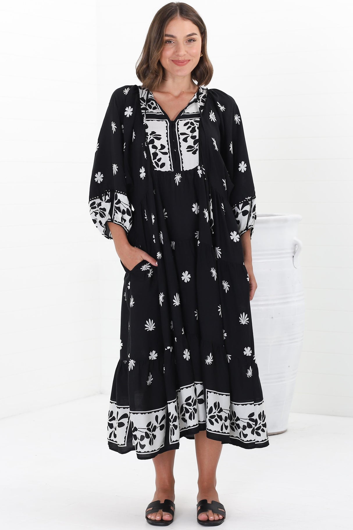 Kamali Midi Dress - Batwing Sleeve Smock Dress with Lace Detailing in Marjo Print Black