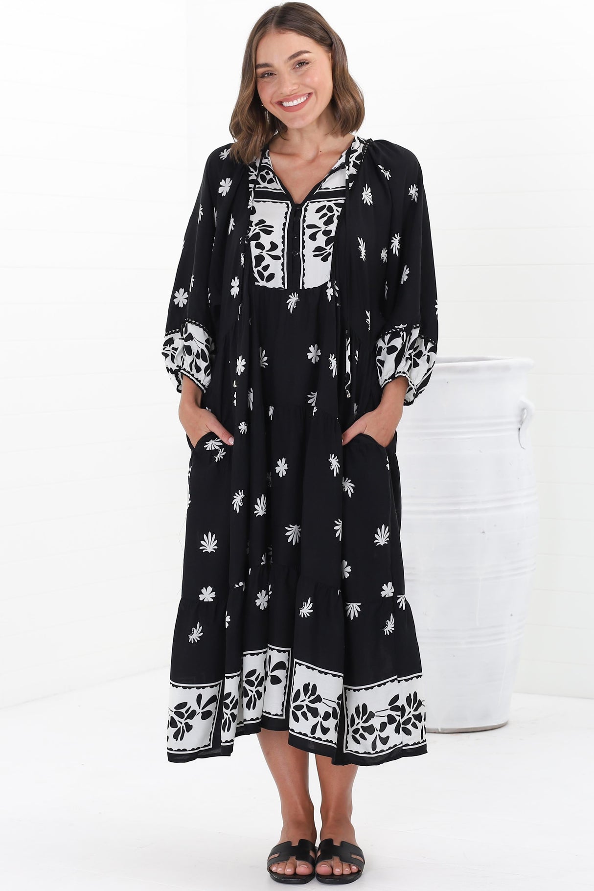 Kamali Midi Dress - Batwing Sleeve Smock Dress with Lace Detailing in Marjo Print Black