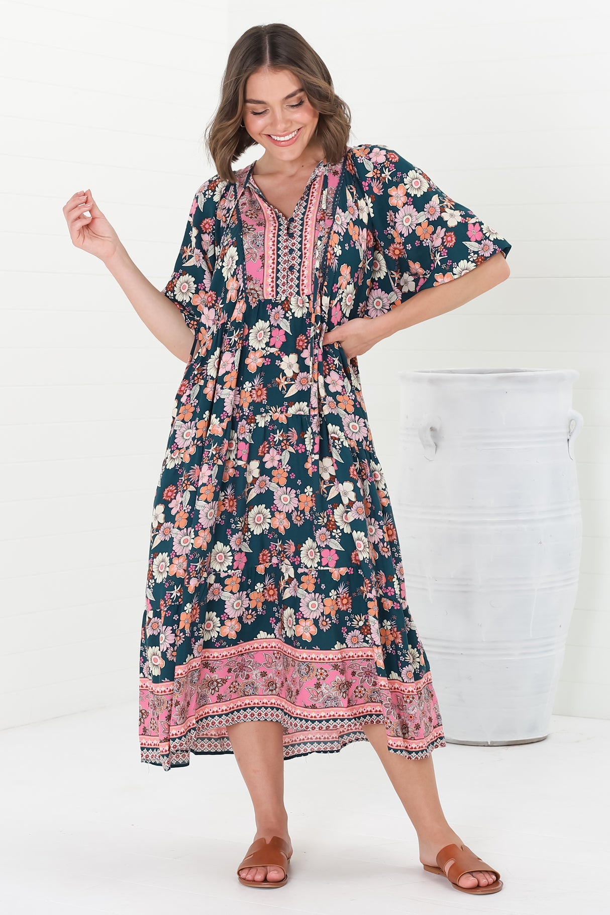 Kamali Midi Dress - Batwing Sleeve Smock Dress with Lace Detailing in Odila Print