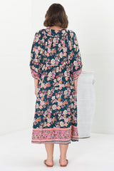 Kamali Midi Dress - Batwing Sleeve Smock Dress with Lace Detailing in Odila Print