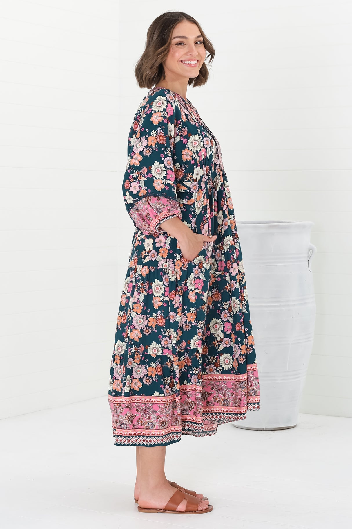 Kamali Midi Dress - Batwing Sleeve Smock Dress with Lace Detailing in Odila Print