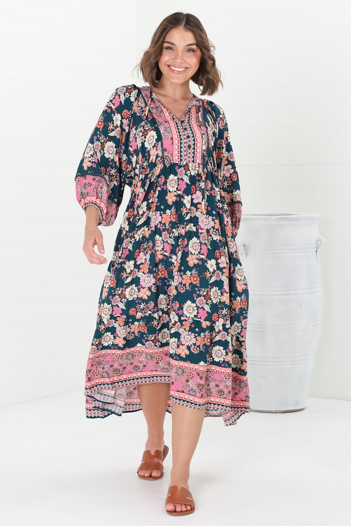 Kamali Midi Dress - Batwing Sleeve Smock Dress with Lace Detailing in Odila Print