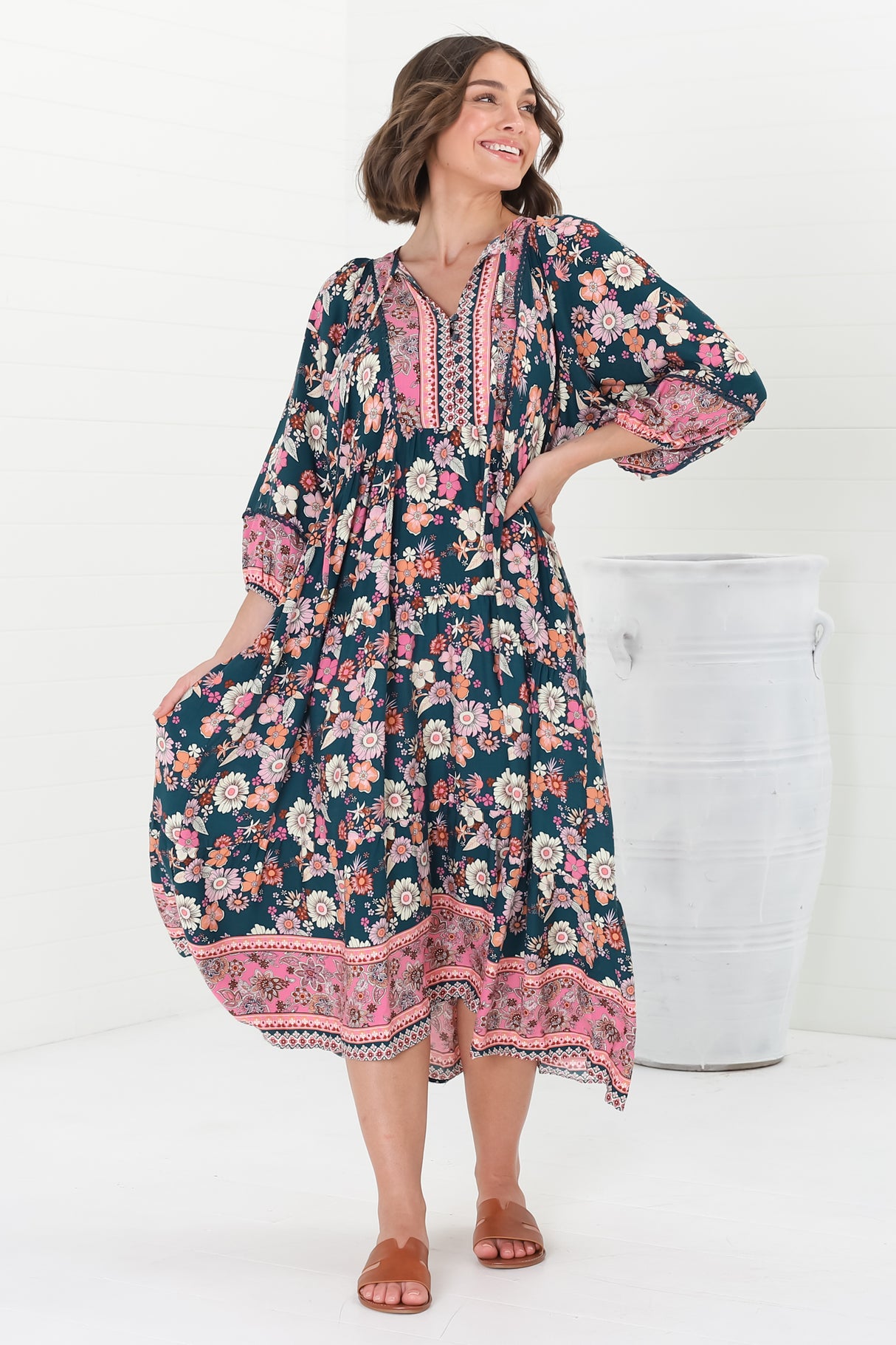 Kamali Midi Dress - Batwing Sleeve Smock Dress with Lace Detailing in Odila Print