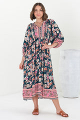 Kamali Midi Dress - Batwing Sleeve Smock Dress with Lace Detailing in Odila Print