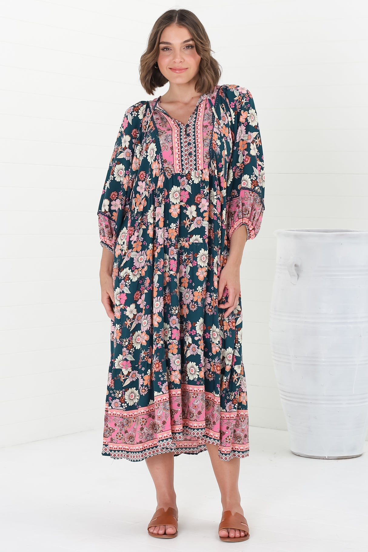 Kamali Midi Dress - Batwing Sleeve Smock Dress with Lace Detailing in Odila Print