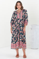 Kamali Midi Dress - Batwing Sleeve Smock Dress with Lace Detailing in Odila Print