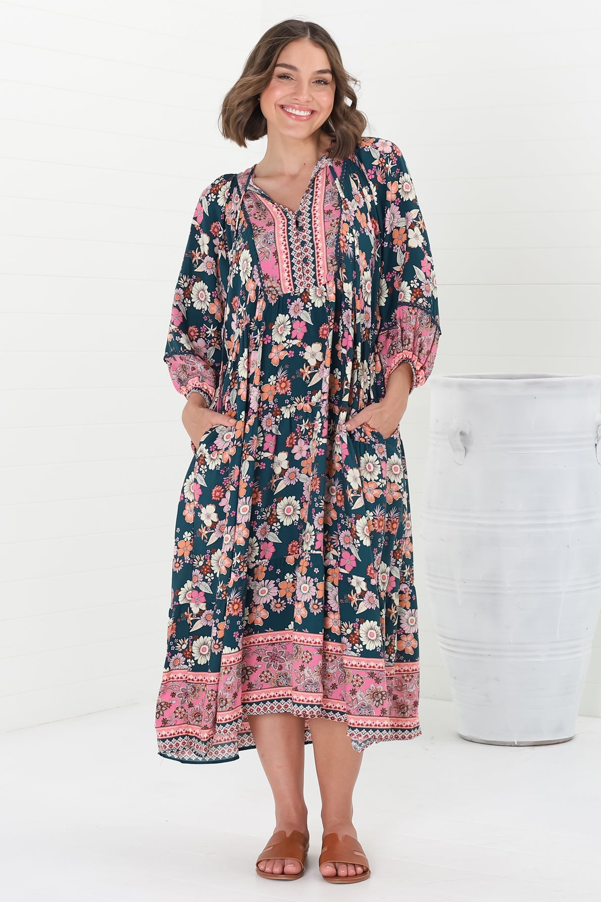 Kamali Midi Dress - Batwing Sleeve Smock Dress with Lace Detailing in Odila Print