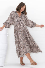 Kamali Midi Dress - Batwing Sleeve Smock Dress with Lace Detailing in Perrie Print Beige