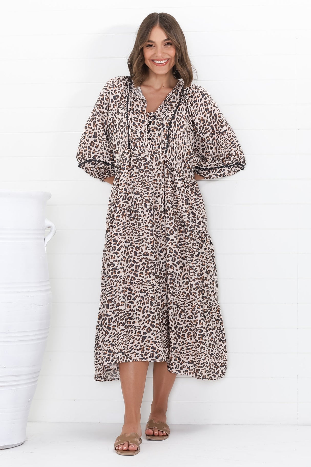 Kamali Midi Dress - Batwing Sleeve Smock Dress with Lace Detailing in Perrie Print Beige