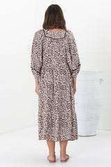 Kamali Midi Dress - Batwing Sleeve Smock Dress with Lace Detailing in Perrie Print Beige