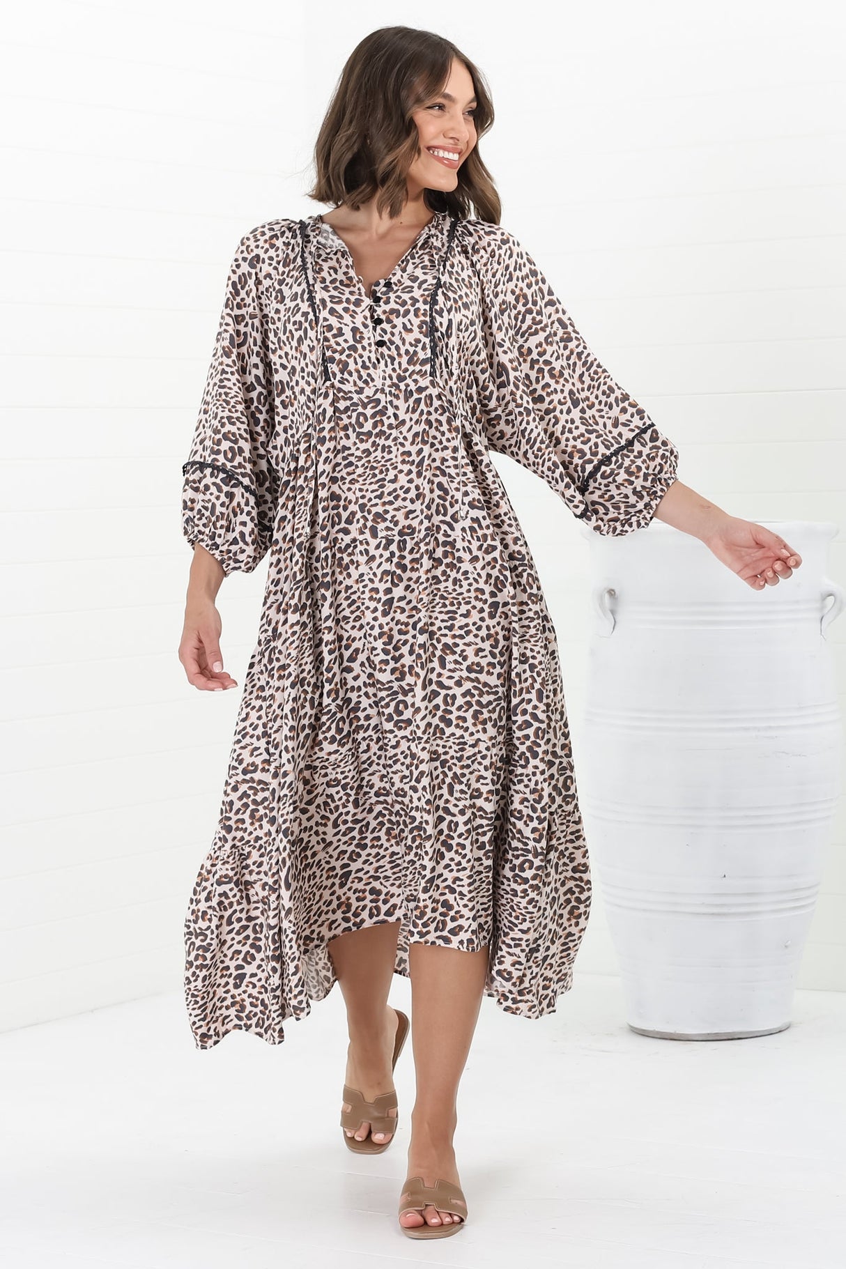 Kamali Midi Dress - Batwing Sleeve Smock Dress with Lace Detailing in Perrie Print Beige