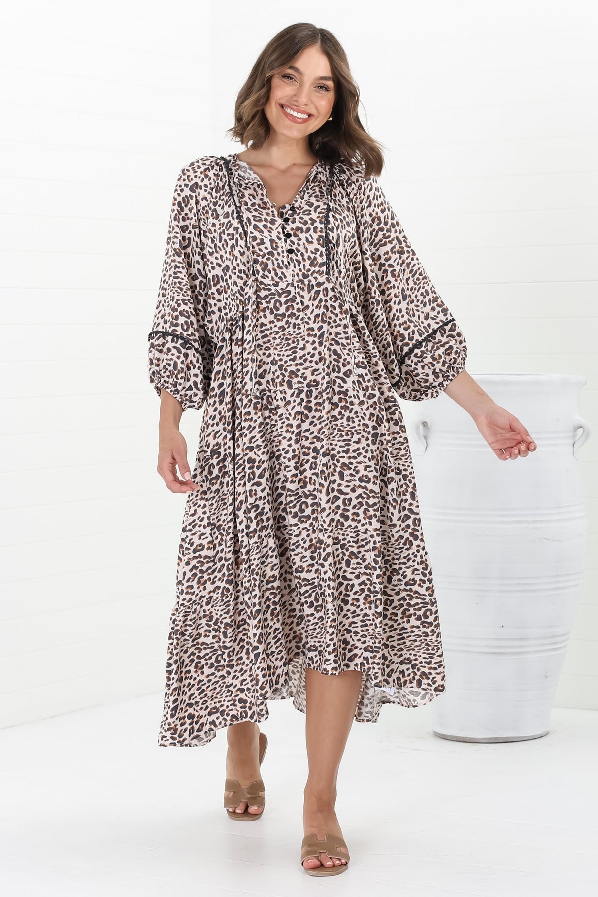 Kamali Midi Dress - Batwing Sleeve Smock Dress with Lace Detailing in Perrie Print Beige