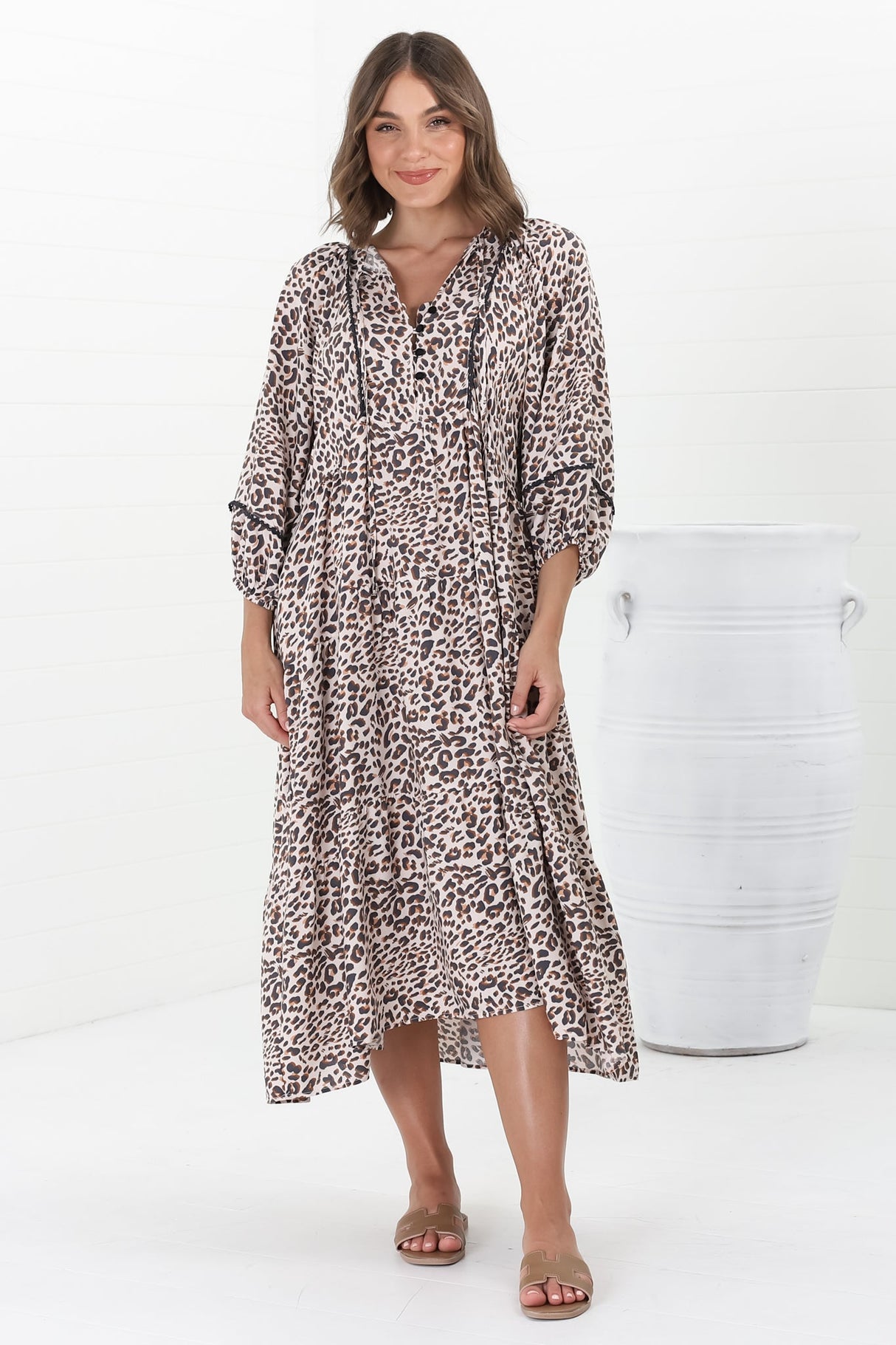 Kamali Midi Dress - Batwing Sleeve Smock Dress with Lace Detailing in Perrie Print Beige