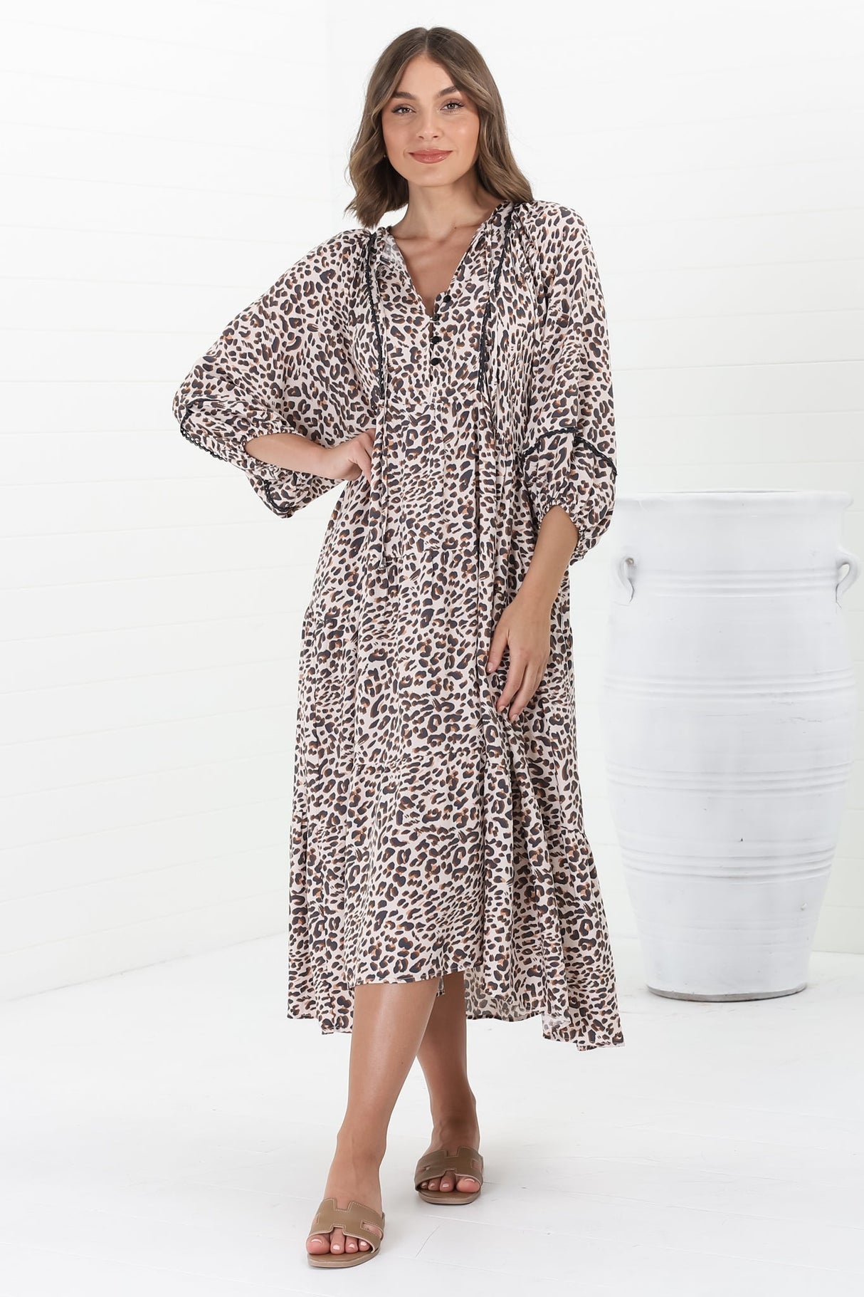 Kamali Midi Dress - Batwing Sleeve Smock Dress with Lace Detailing in Perrie Print Beige