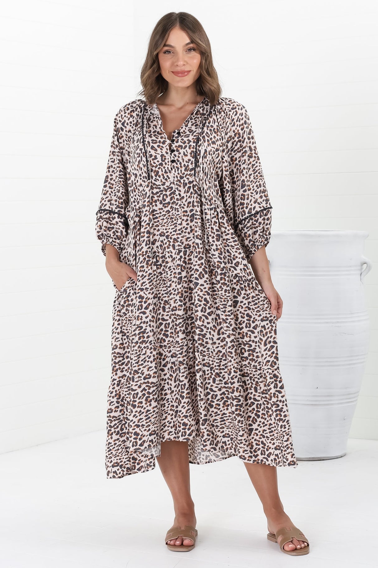 Kamali Midi Dress - Batwing Sleeve Smock Dress with Lace Detailing in Perrie Print Beige