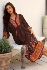 Kamali Midi Dress - Batwing Sleeve Smock Dress with Lace Detailing in Ruyi Print Brown