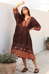 Kamali Midi Dress - Batwing Sleeve Smock Dress with Lace Detailing in Ruyi Print Brown