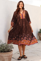 Kamali Midi Dress - Batwing Sleeve Smock Dress with Lace Detailing in Ruyi Print Brown