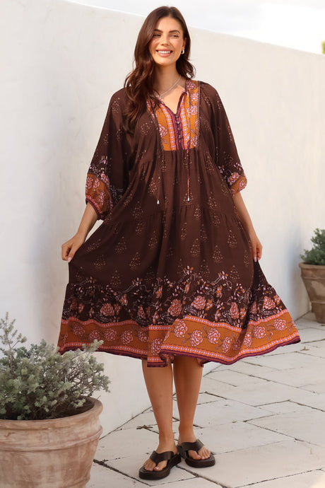 Kamali Midi Dress - Batwing Sleeve Smock Dress with Lace Detailing in Ruyi Print Brown
