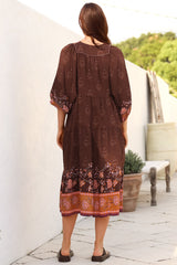 Kamali Midi Dress - Batwing Sleeve Smock Dress with Lace Detailing in Ruyi Print Brown