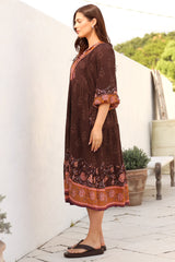 Kamali Midi Dress - Batwing Sleeve Smock Dress with Lace Detailing in Ruyi Print Brown