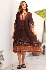 Kamali Midi Dress - Batwing Sleeve Smock Dress with Lace Detailing in Ruyi Print Brown