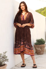 Kamali Midi Dress - Batwing Sleeve Smock Dress with Lace Detailing in Ruyi Print Brown