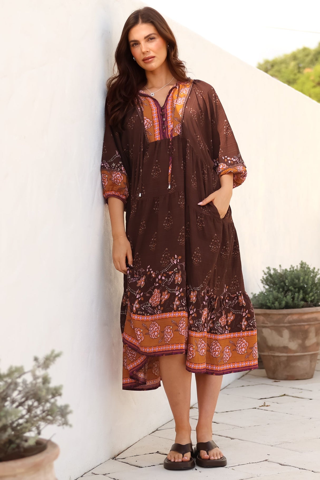 Kamali Midi Dress - Batwing Sleeve Smock Dress with Lace Detailing in Ruyi Print Brown