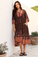 Kamali Midi Dress - Batwing Sleeve Smock Dress with Lace Detailing in Ruyi Print Brown