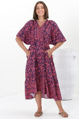 Kamali Midi Dress - Batwing Sleeve Smock Dress with Lace Detailing in Tayler Print Pink